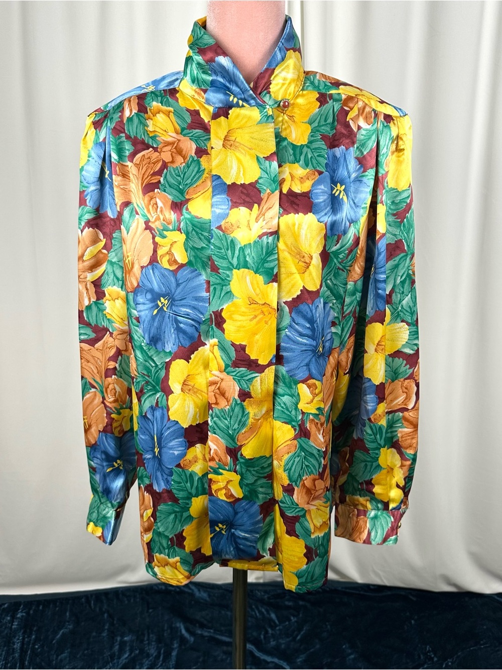 Vintage Tropical Satin Floral Blouse Large 80s Secretary Top